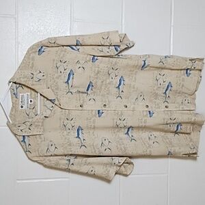 Columbia Textured 100% Silk Casual Side Vent Button Down Shirt Deep Sea Fish